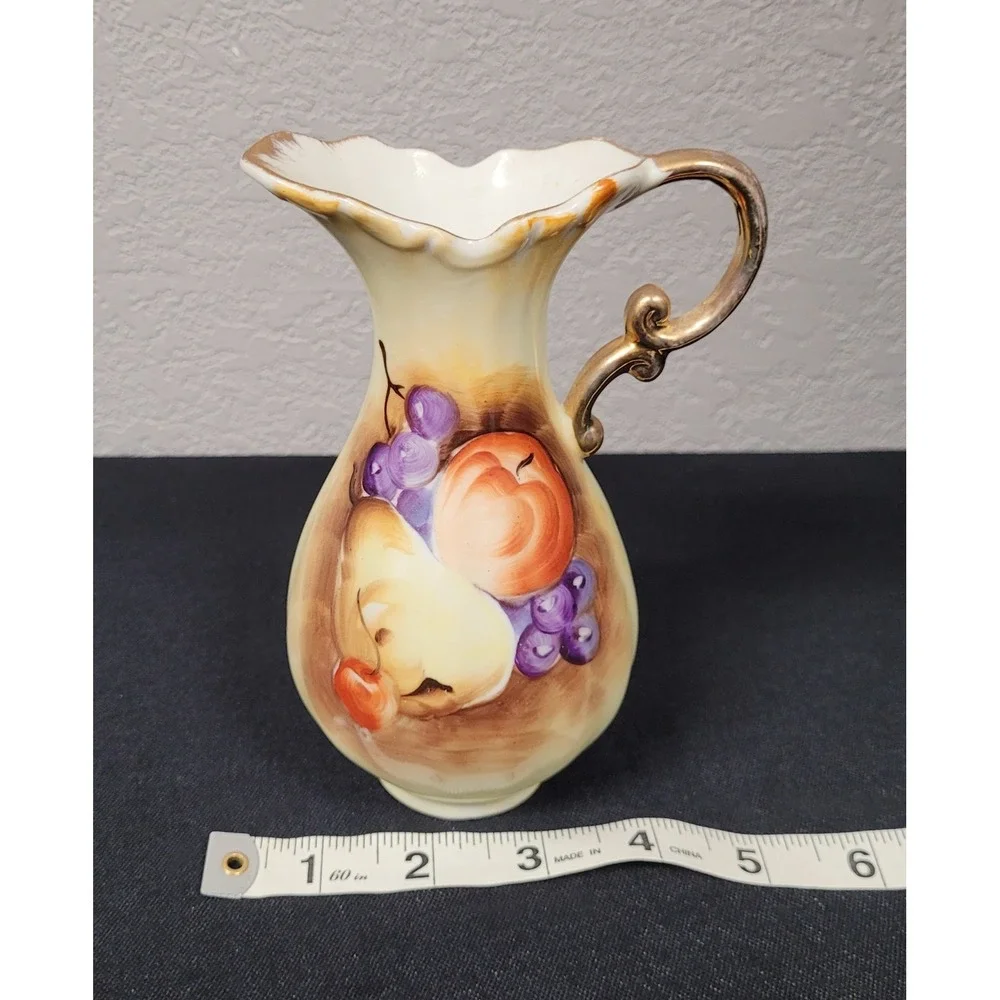 Vtg 60s Enesco Japan E2350 Porcelain Fruit Pitcher Vase Hand Painted Gold Handle